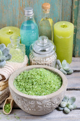 Spa set: green sea salt, scented candles, liquid soap and essent