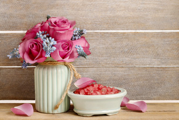 Spa set: sea salt, liquid soap and bottle of essential oil. Bouq