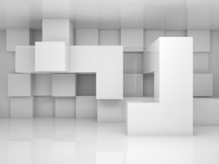 Abstract interior with white chaotic cubes pattern