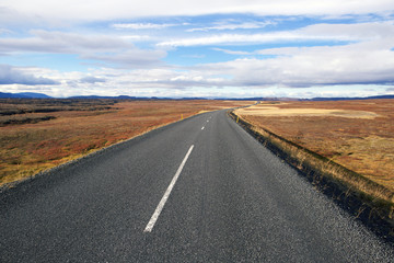 Fototapeta na wymiar Modern road goes to horizon passing the great Iceland landscape