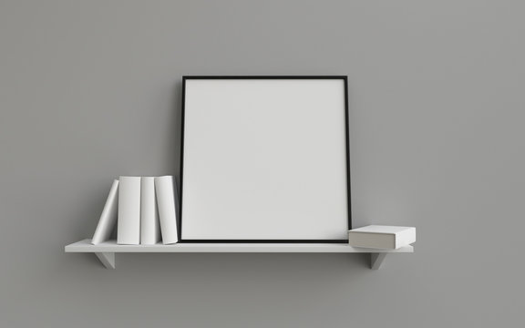 Composition Of Square Picture Blank Frame On Shelf With Books