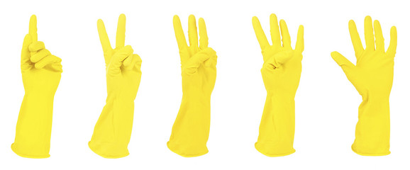 Yellow gloves gesturing numbers isolated on white