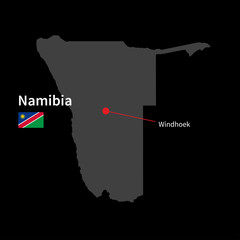 Detailed map of Namibia and capital city Windhoek with flag on