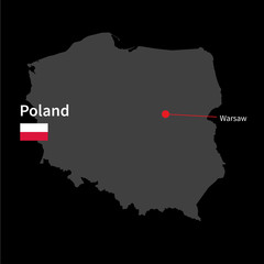 Naklejka premium Detailed map of Poland and capital city Warsaw with flag on