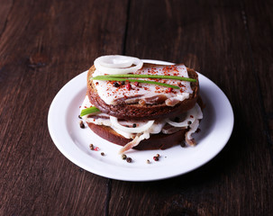 Sandwiches with lard and onion on plate on wooden background