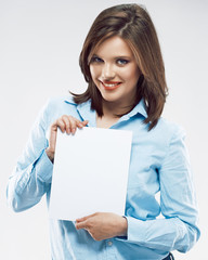 Smiling business woman show white blank card for sign.