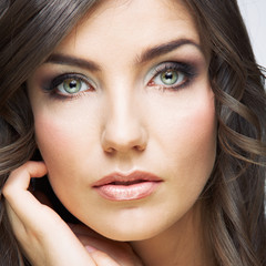 Obraz premium Woman beautiful face portrait. Skin care style face hand touchi