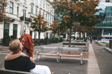 Wedding couple in city