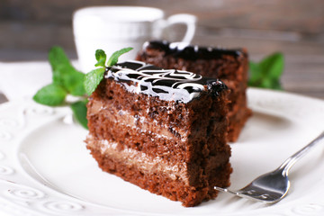 Tasty pieces of chocolate cake with mint