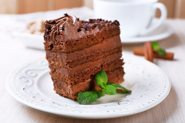 Tasty piece of chocolate cake with mint and cinnamon