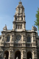 Facade of Sainte Trinite church in Paris. France