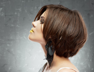 profile face portrait of sexy woman with medium length hair . b