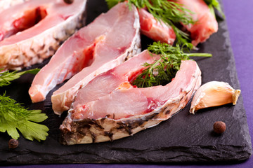 Raw fish carp steaks