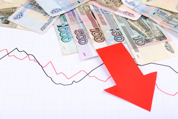 Money and red arrow on graph document close up
