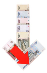 Money and red arrow isolated on white