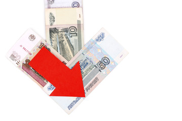 Money and red arrow isolated on white