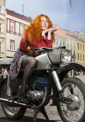 Foto op Plexiglas Redhead girl on motorbike © neupokoev