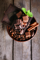 Still life with set of chocolate  and coffee beans