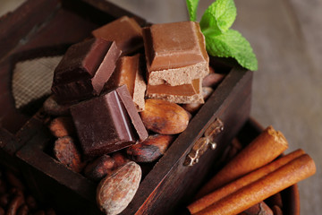 Still life with set of chocolate, nuts ans spices, closeup