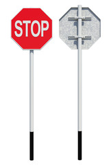 Octagonal road sign with word stop. Front and back view