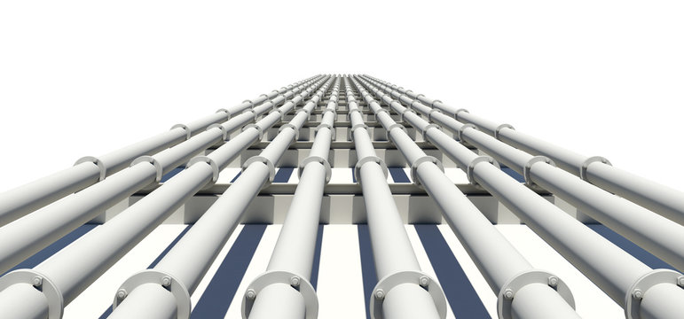 Many white industrial pipes stretching into distance. Isolated