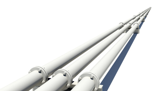 Three white industrial pipes with shadow. Isolated