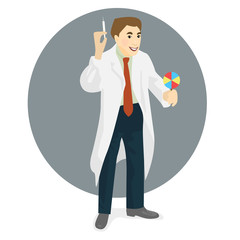 Doctor in medical gown with syringe and candy in hands, flat des