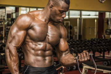Fototapeta na wymiar Hunky muscular black bodybuilder working out in gym