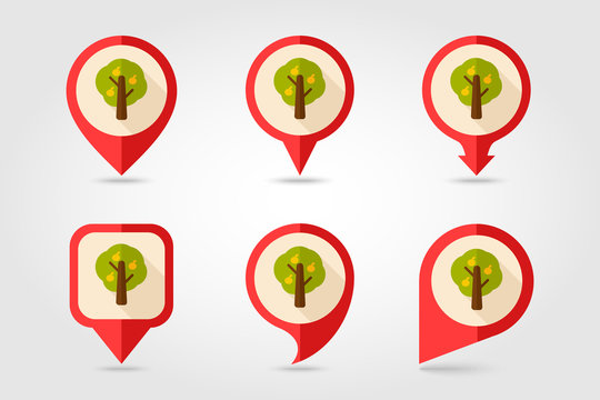 Fruit tree flat mapping pin icon with long shadow