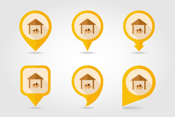 Pigsty flat mapping pin icon with long shadow