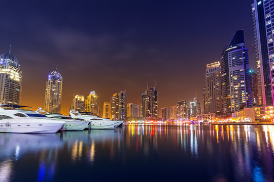 Cityscape of Dubai Marina at night, United Arab Emirates