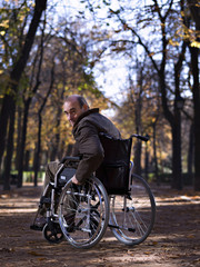 Fototapeta premium Mature man in wheelchair, in a park, one autumn day