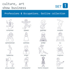 Professions and occupations outline icon set. Culture, art, show