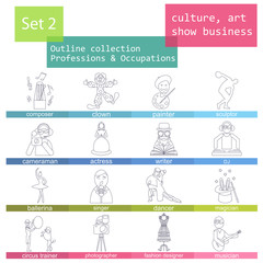 Professions and occupations outline icon set. Culture, art, show
