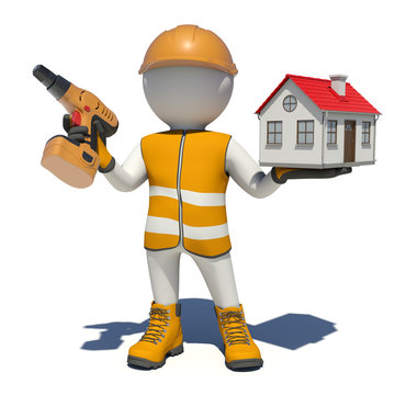 Worker in overalls holding screwdriver and small house. Isolated
