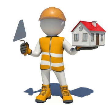 Worker in overalls holding trowel and small house. Isolated