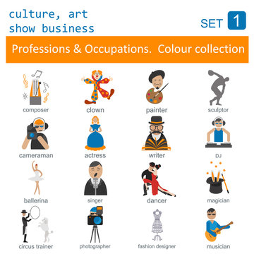 Professions and occupations outline icon set. Culture, art, show