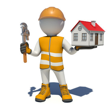 Worker in overalls holding wrench and small house. Isolated