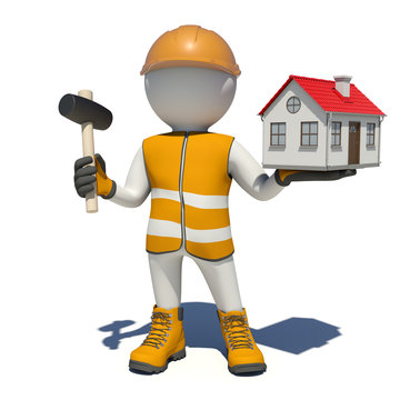 Worker in overalls holding hammer and small house. Isolated