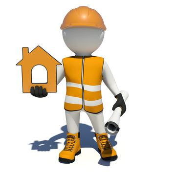 Worker in overalls holding house icon and scroll paper. Isolated