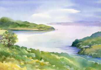 Watercolor river nature landscape