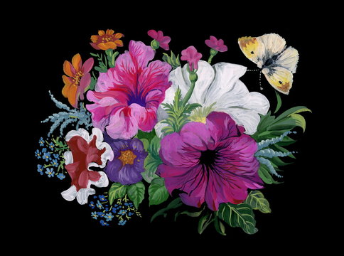 Watercolor flowers bouquet and butterfly on black background