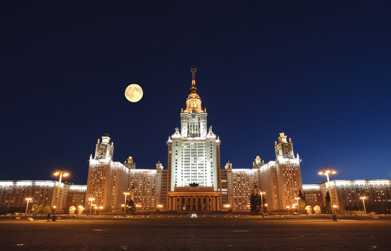Moscow University at moonlight night. Russia
