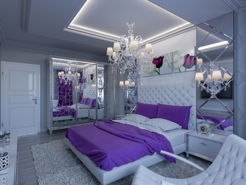 3d Rendering Bedroom With Purple Accents