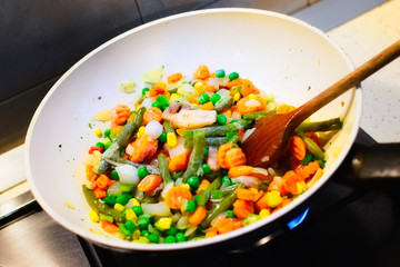 Closeup of white pan cooking vegetables for dinner