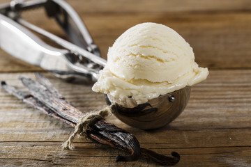 ball of vanilla ice cream in a spoon scoop - 80641776