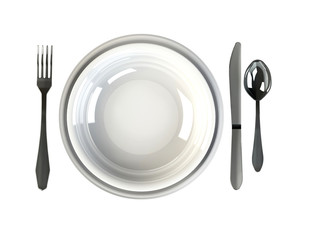Top view of dinner set - plate, knife, spoon and fork