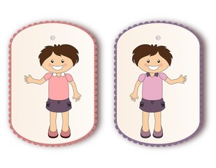 Beautiful tags with cartoon girl waving hand