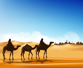 Naklejka premium Group of Arab People with Camels Caravan Riding
