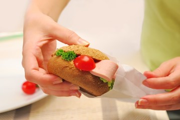 hands pack up sandwich